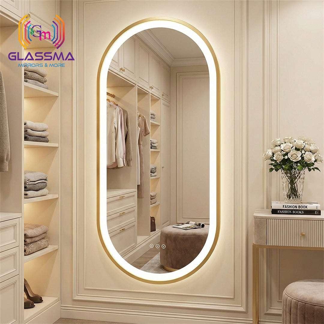 Front-Lit Oval Capsule LED Mirror - Gold Frame Bathroom Vanity Mirror - Glassma